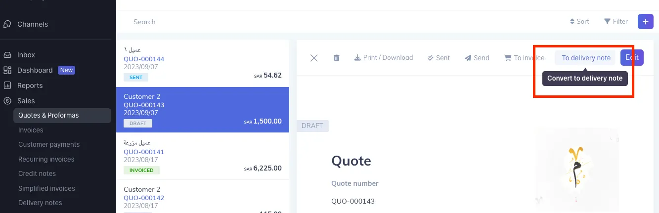 Quote to delivery note